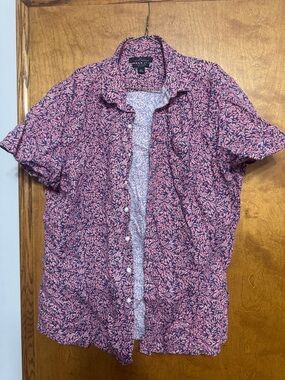 Marc Anthony Pink and Navy Leaf-Print Short-Sleeve Button-Up Shirt